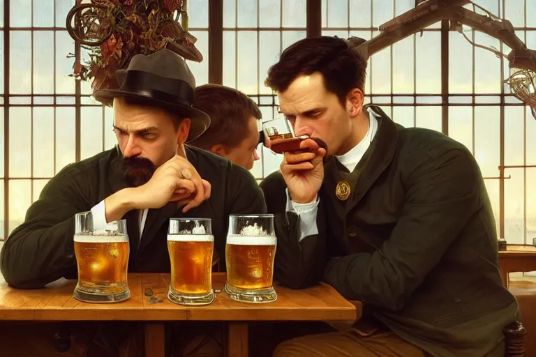 Prompt: portrait painting of wright brothers drinking beer together, ultra realistic, concept art, intricate details, serious, highly detailed, photorealistic, octane render, 8 k, unreal engine. art by artgerm and greg rutkowski and alphonse mucha