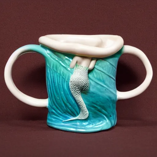 Image similar to a ceramic mug sculpted to be a mermaid