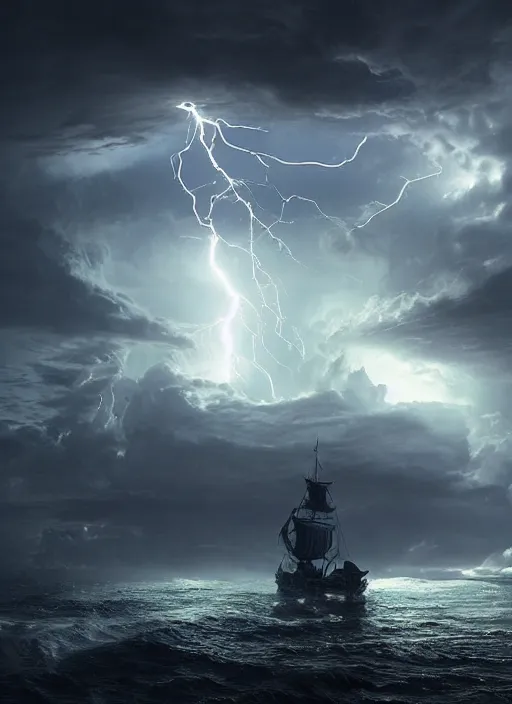 Prompt: huge lightning storm inside a bottle, little pirate ship in the horizon, dark background, volumetric lighting, unreal engine, ultra detailed, high resolution, by emmanuel shiu