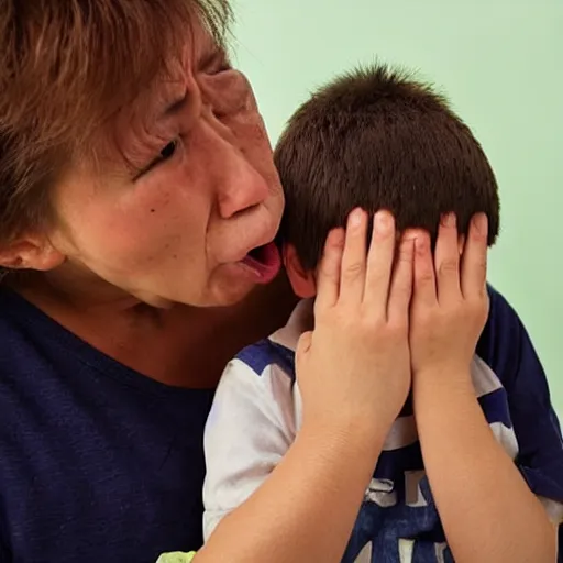 Image similar to mother scold her son. he cry