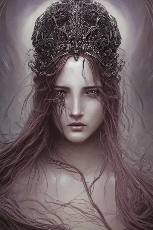 Prompt: Fallen Mother Goddess detailed art,A beautiful long-haired banshee with a human face, dark fantasy, cinematic lighting, intricate, elegant, highly detailed, digital painting, artstation, smooth, sharp focus, illustration, art by artgerm and greg rutkowski and zdislav beksinski and Wayne Barlowe and william-adolphe bouguereau