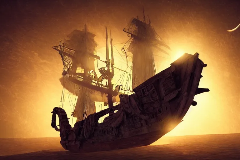 Image similar to an old pirate ship in space, digital painting, volumetric light, intricate