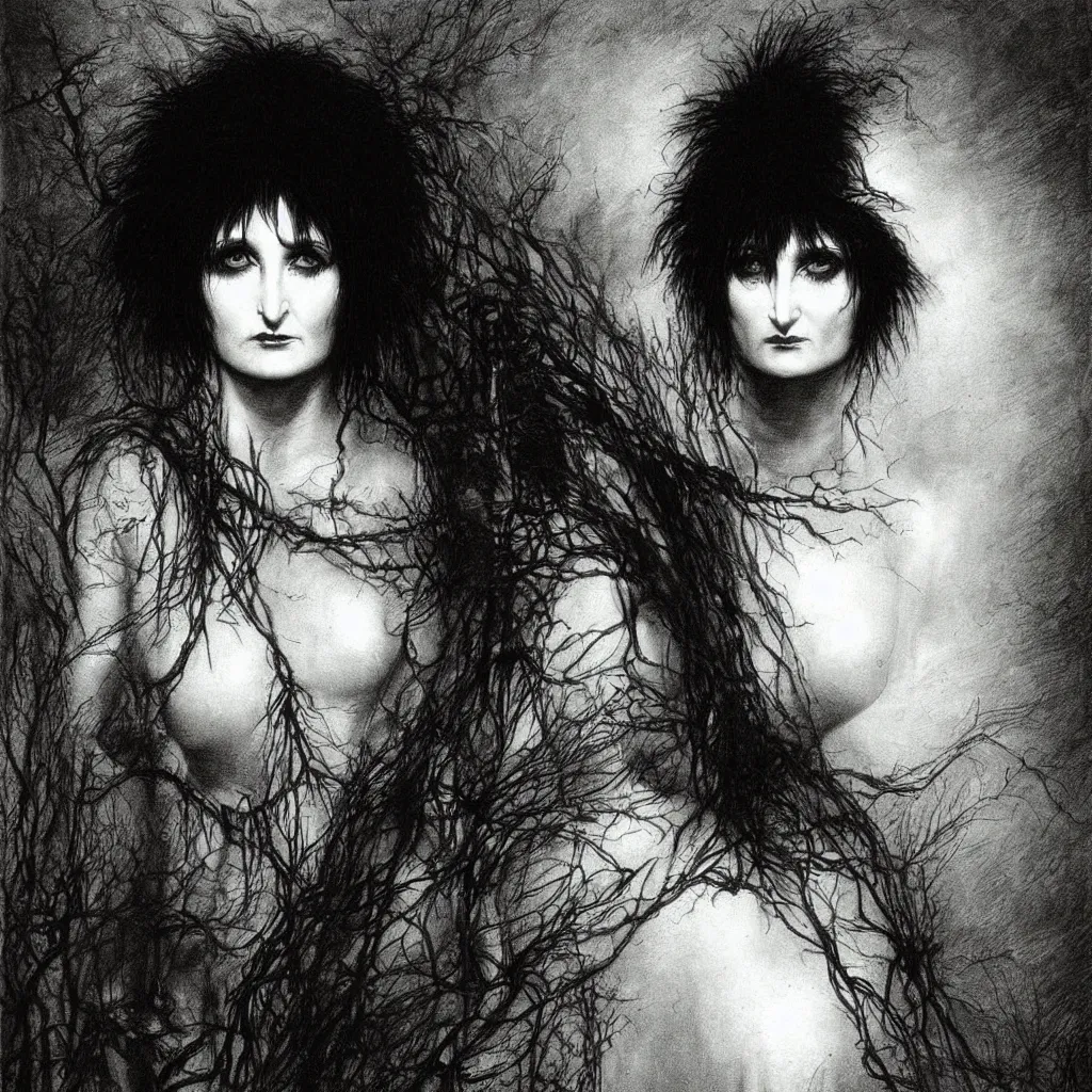 Image similar to siouxsie sioux, creepy atmosphere, dark, portrait, realistic, very realistic, illustration by gustave dore