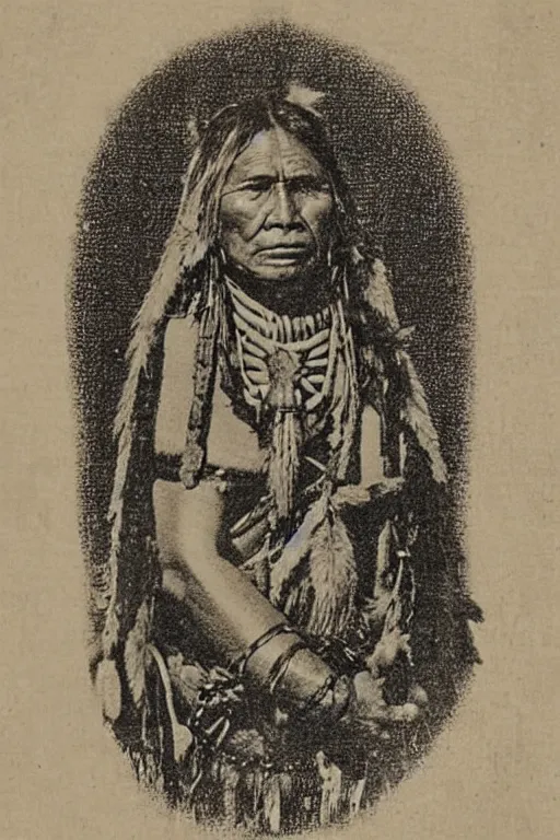 Image similar to “19th century wood engraving of a Native American indian woman, portrait, Nanye-hi Beloved Woman of the Cherokee, wearing a papoose showing pain and sadness on her face, ancient”