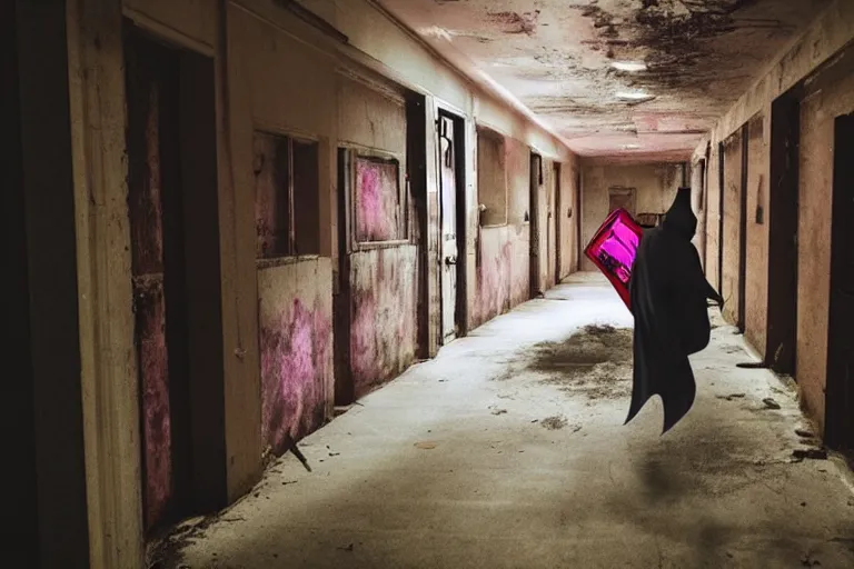 Image similar to batman wearing pink apron wielding an axe, chasing through old brown decrepit hallway, running toward camera, creepy smile, atmospheric eerie lighting, dim lighting, bodycam footage, motion blur, photograph