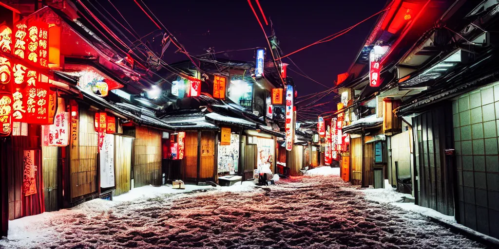 Prompt: a city street at night with a Japanese shrine on it, snowing, photograph, cyberpunk, sharp focus, intricate detail, drone shot, high resolution, 8k, neon streetlights, wires hanging down everywhere, Japan, colourful,,