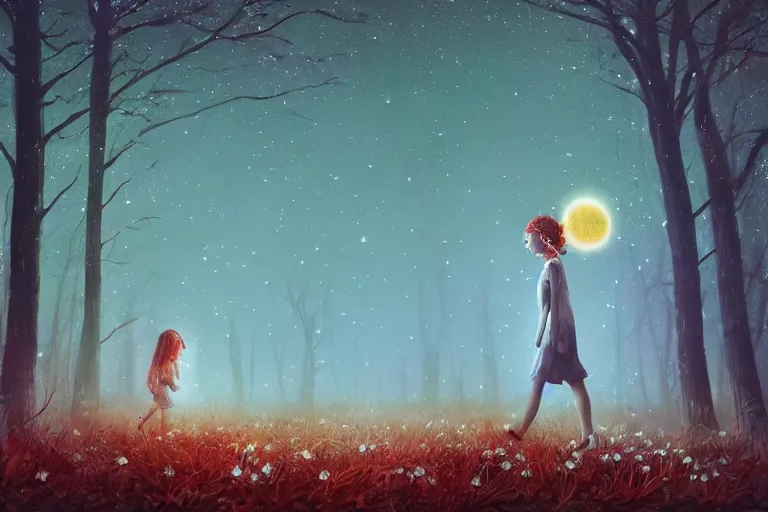 Image similar to giant daisy flowers head, girl walking in forest, surreal photography, dark night, stars, moon light, impressionist painting, clouds, digital painting, artstation, simon stalenhag