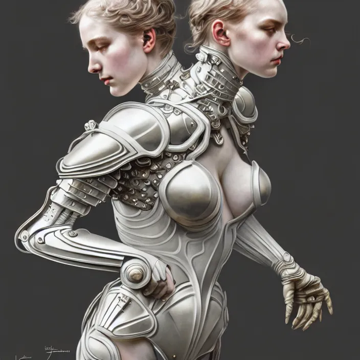 Prompt: porcelain cyborg armor, french neoclassical, diffuse lighting, fantasy, intricate, elegant, highly detailed, lifelike, photorealistic, digital painting, artstation, illustration, concept art, smooth, sharp focus, art by John Collier and Albert Aublet and Krenz Cushart and Artem Demura and Alphonse Mucha