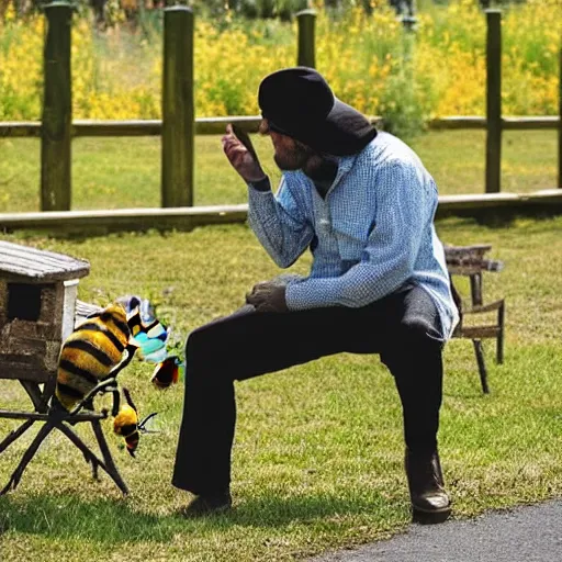 Prompt: a photo of a man arguing with a bee, the man is losing