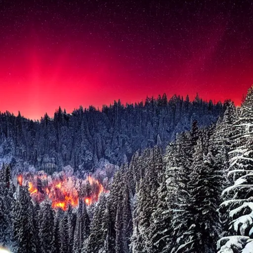 Prompt: A forested valley surrounded by snow-capped mountains at night, a red nebula in the sky, brightly-lit, no clouds, sci-fi