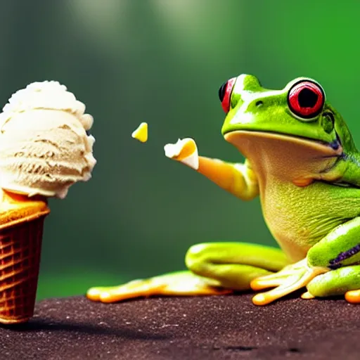Image similar to a frog eating ice cream on a hot summer day photography realistic
