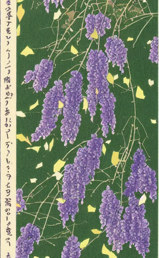 Image similar to by akio watanabe, manga art, wisteria flowers falling down in a windy day, trading card front