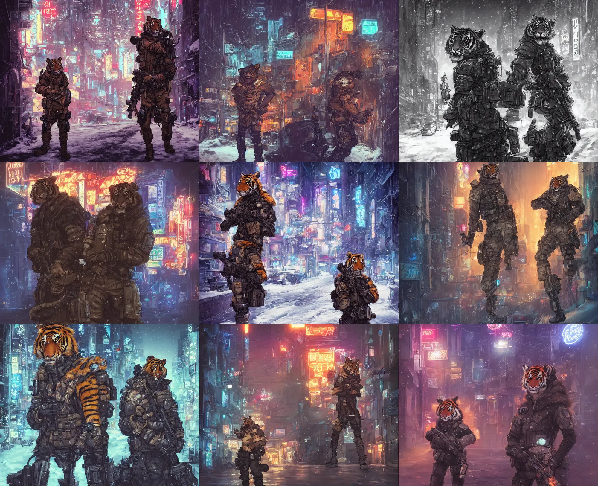 Prompt: beautiful furry art portrait commission of a male furry anthro tiger fursona wearing a tactical swat uniform in the streets of a cyberpunk city at night in the snow. neon signs. character design by charlie bowater, ross tran, artgerm, and makoto shinkai, detailed, inked, western comic book art