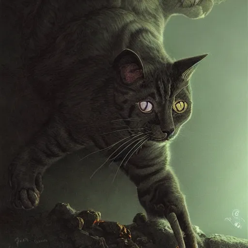 Image similar to photorealistic demonic cat in the style of michael whelan and gustave dore. hyperdetailed photorealism by greg rutkowski. 1 0 8 megapixels, 3 d finalrender, cinematic lighting