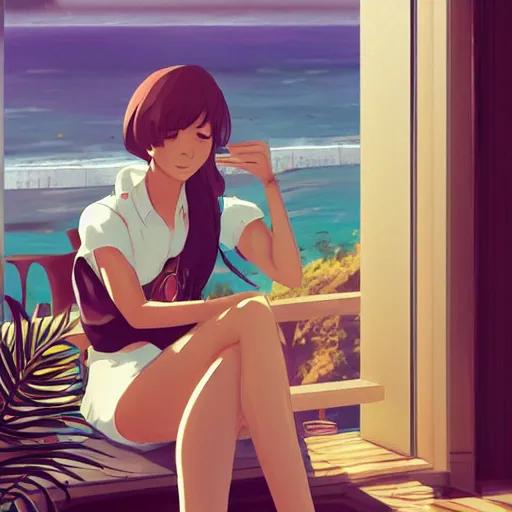 Image similar to a thin, pretty young Filipino woman with long hair sits near the window of a cute seaside Cafe drinking an espresso, golden dramatic morning light, cozy, tropical plants, beautiful anime style art, trending on artstation