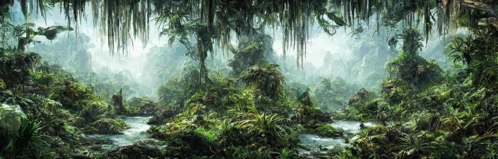 Image similar to painting of a jungle frozen over!! scene on an alien planet by vincent bons. ultra sharp high quality digital render. detailed. beautiful landscape. weird vegetation. water.