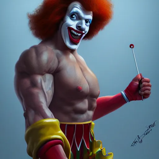 Image similar to portrait of Ronald McDonald the rapist clown, muscular, wild, upper body, D&D, fantasy, intricate, cinematic lighting, highly detailed, digital painting, artstation, concept art, smooth, sharp focus, illustration, art by Hajime Sorayama