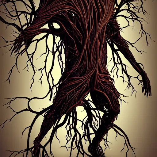 Prompt: digital art, Abstract art, humain body made of roots, intricate roots, trending on artstation, -640