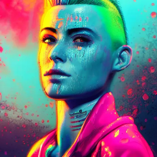 Image similar to splashes of neon clouds, mowhawk, punk women portrait made out of paint with rain in the background, trending on artstation, epic composition, emotional, beautiful, rendered in octane, highly detailed, realistic, comic book art, sharp focus, matte painting, unreal engine