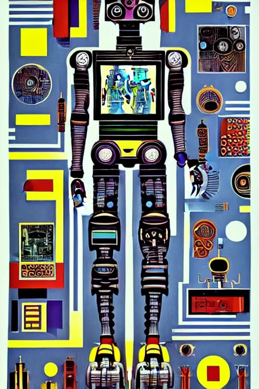 Image similar to a diagram of a robot body with various parts, cyberpunk art by eduardo paolozzi, behance contest winner, computer art, greeble, steampunk, poster art, james turrell, robert rauschenberg, andy warhol, pop art, czechoslovakia, surrealism, milton glaser, graphic design