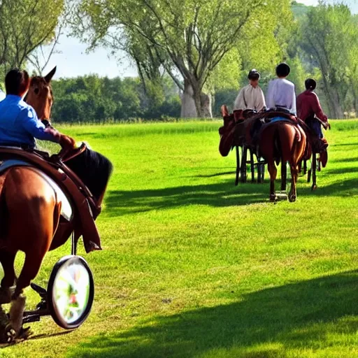 Image similar to Western, people on horses with wheels instead of legs