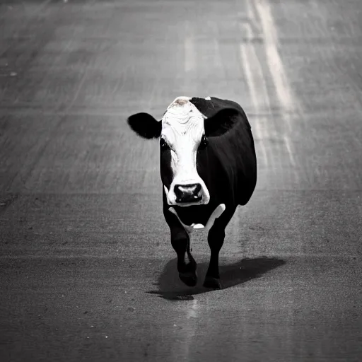 Prompt: cow running from a cage to a light of freedom