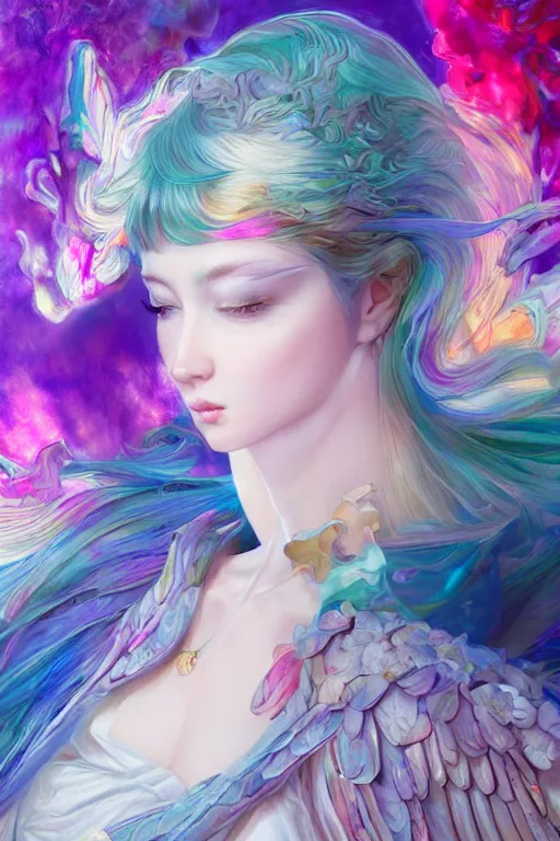 Image similar to chromatic angelic goddess of colors, d & d, full body portrait, mixed media, seductive look, chromatic aberration, hyper realistic, highly detailed, headshot, digital painting, trending on artstation, concept art, sharp focus, illustration, art by jin kagetsu and james jean and wlop and artgerm and greg rutkowski and ayami kojima