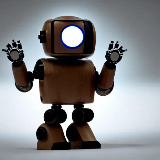 Image similar to a cute little robot, material wood. super realistic 8 k render of a dark hooded powerful elegant, cinematic composition