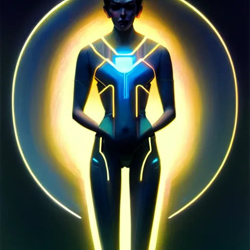 Image similar to tron angel, diffuse lighting, hyper realistic, elegant, concept art, intricate, hyper detailed, smooth, sharp focus, illustration, trending on artstation, art by greg rutkowski and james gurney and alphonse mucha
