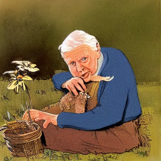 Prompt: Sir David Attenborough as Sungglepot in the style of May Gibbs,