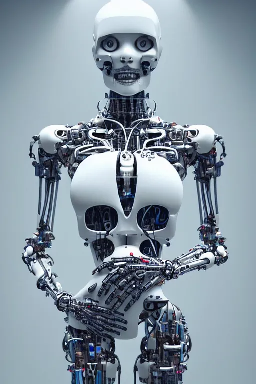 Image similar to a robot holding a human skull on its hand, perfect symmetrical body, full body shot, inflateble shapes, wires, tubes, veins, white biomechanical, wearing epic bionic cybor implants, masterpiece, intricate, biopunk vogue, highly detailed, artstation, concept art, cyberpunk, octane render