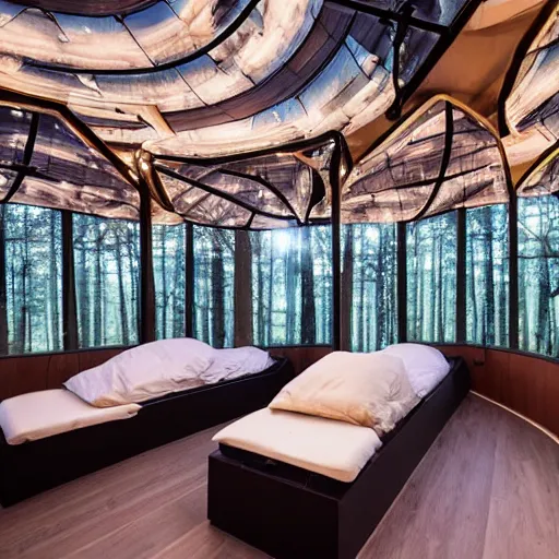 Prompt: cybernetic sleeping pods, diverse humans sleeping individual healing pods, humans sleeping in healing pods, wide wide angle, night, elaborate, forest, highly detailed, dim lighting