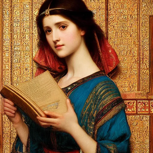 Image similar to orientalist portrait of a princess holding an iridescent ancient book intricate portrait by john william waterhouse and Edwin Longsden Long and Theodore Ralli and Henryk Siemiradzki, very coherent symmetrical artwork. Cinematic, hyper realism, high detail 8k