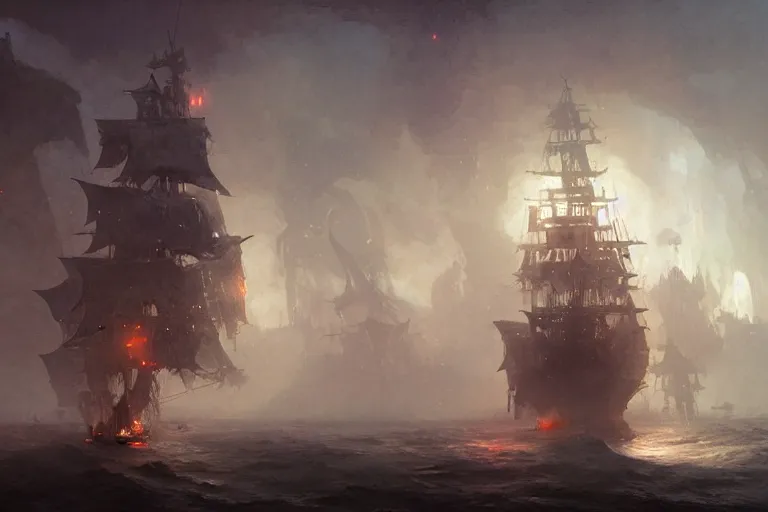 Image similar to an old pirate ship in space, digital painting, volumetric light, intricate, sharp, focus, bloom, illustration, highly detailed, concept art, matte, ruan jia, randy vargas, greg rutkowski