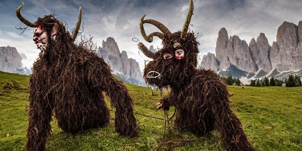 Prompt: historical sharp 4 k photograph of a tyrolean farmer turning into a krampus hay monster with goathorns and roots growing from his face, dolomites in the background, dark, eerie, grainy