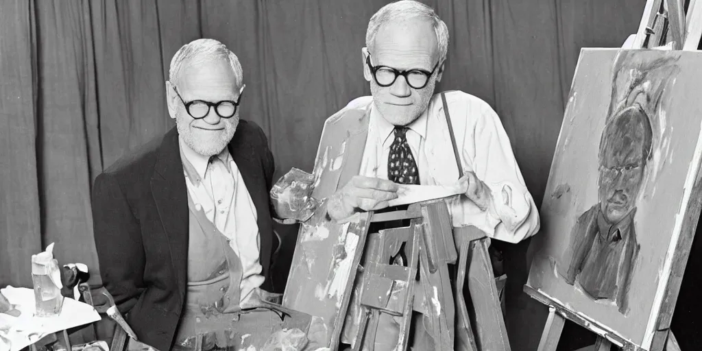 Prompt: david letterman, stands at a his easel, painting calvert grant deforest, aka larry bud melman