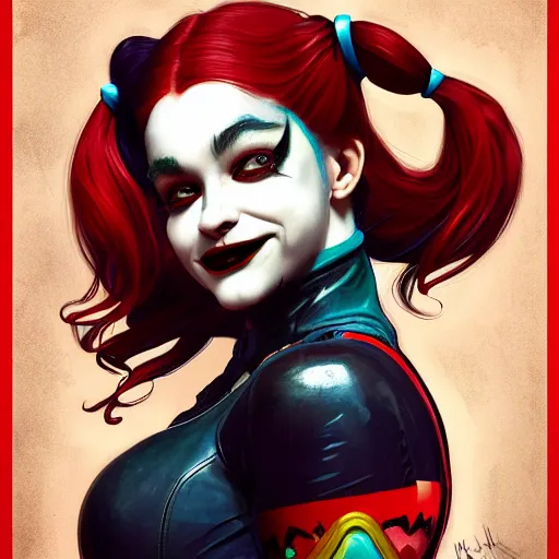 Prompt: Harley Quinn but she's a beautiful ape with long pony tails on either side of her head, mucha, mayhem, illustration, by James Jean, artgerm, octane render, by John Coltrane and Marc Simonetti, Manic, inspired by Greg rutkowski, colorful, studio lighting, blender,