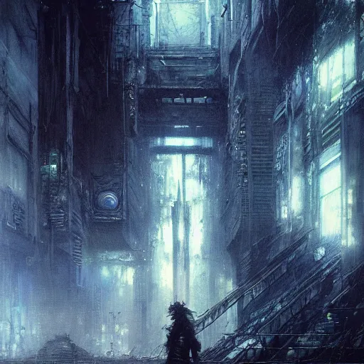 Image similar to lost and alone in a cyberpunk noir city by gustave dore and gustave moreau and beksinski and giger and craig mullins and jeremy mann