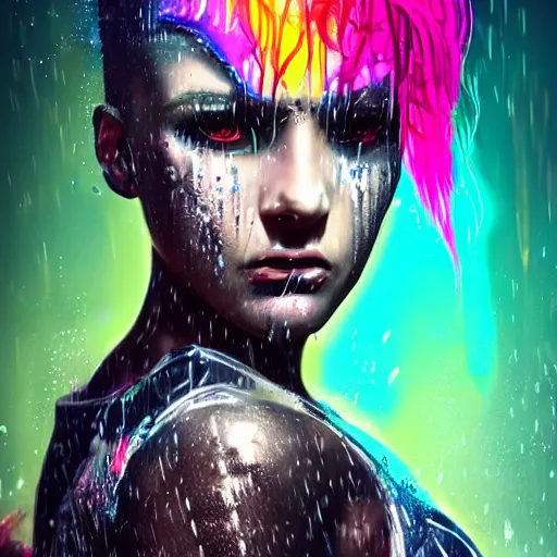 Image similar to splashes of neon clouds, mowhawk, punk women portrait made out of paint with rain in the background, trending on artstation, epic composition, emotional, beautiful, rendered in octane, highly detailed, realistic, comic book art, sharp focus, matte painting, unreal engine