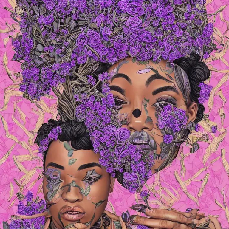 Prompt: gorgeous symmetrical portrait of a crazy black woman with lavender and rose florals growing from her head by tristan eaton and james jean, hyper detailed painting, distance, centered, hd, hq, high resolution, high detail, 4 k, 8 k