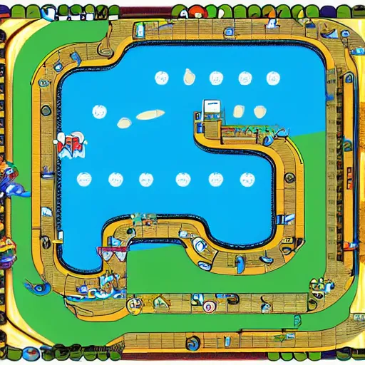 Image similar to Atlantis underwater kingdom world top down fzero wave racer 64 racetrack layout. Mario kart looping racetrack F1 race trail diagram.