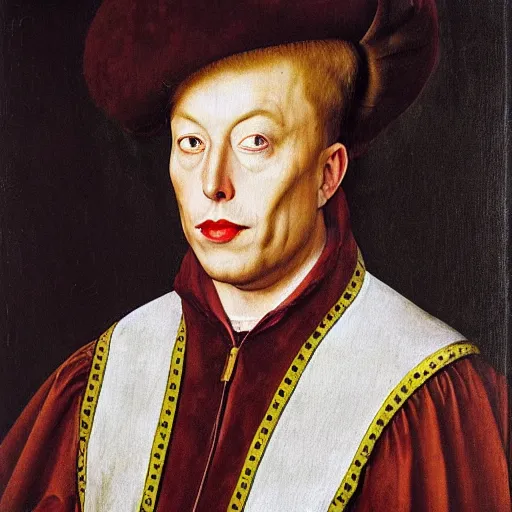 Image similar to portrait of elon musk, oil painting by jan van eyck, northern renaissance art, oil on canvas, wet - on - wet technique, realistic, expressive emotions, intricate textures, illusionistic detail