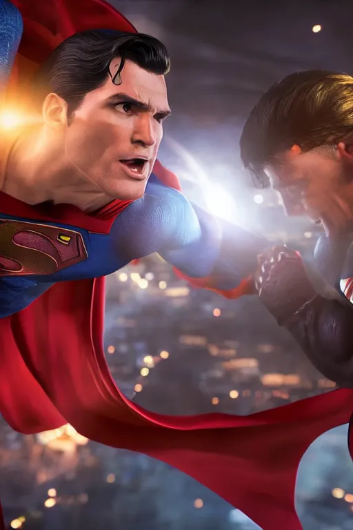 Image similar to superman fights the Protector, realistic, high definition, many details, dramatic scene, detailed and realistic hands, symmetrical face, realistic eyes, art of unreal engine 5