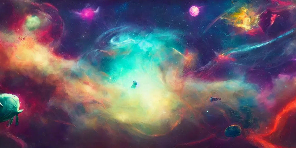 Prompt: painting of sea creatures swimming through space, sea turtles, sting rays whales, colorful nebulas, planets, 8 k resolution in the style of artem demura, jisu