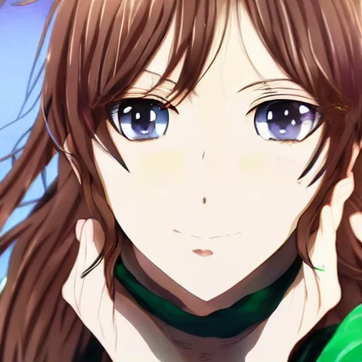 Image similar to key anime visual of a beautiful girl with brown hair and green eyes, trending on Pixiv; detailed