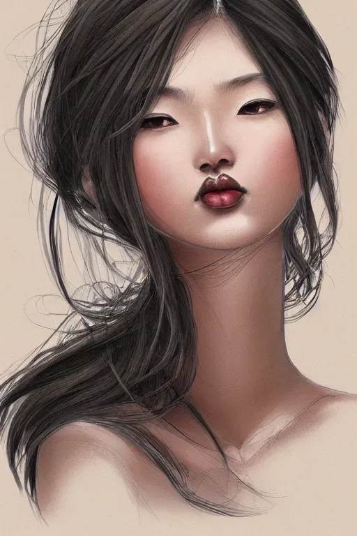 Image similar to A bust of a beautiful dark skinned Chinese girl with lovely lips and smooth eyebrows and straight hair, HD, illustration, epic, fantasy, intricate, elegant, amazing detail, digital painting, artstation, concept art, smooth, sharp focus, illustration, art by Turine Tran