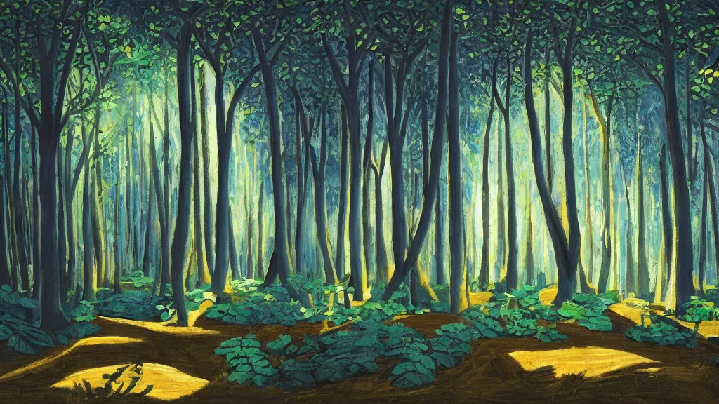 Prompt: A Pablo PIcasso oil painting of a hauntingly beautiful elven forest in the morning; rays of light coming through the canopy; trending on artstation; extraordinary masterpiece!!!!!!; 8k