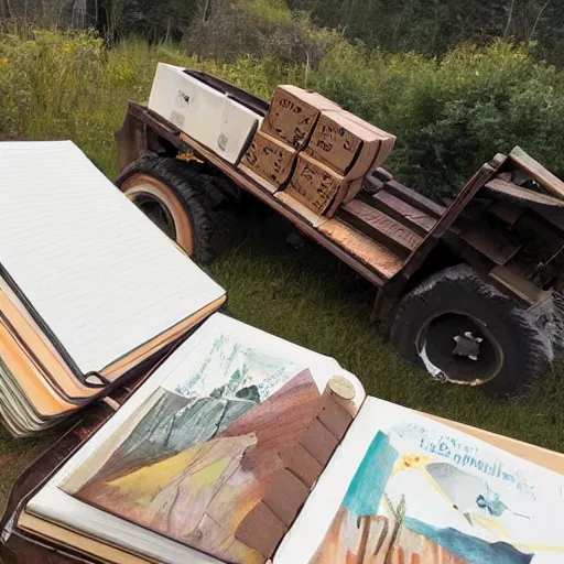 Image similar to a logging truck hauling journals and sketchbooks