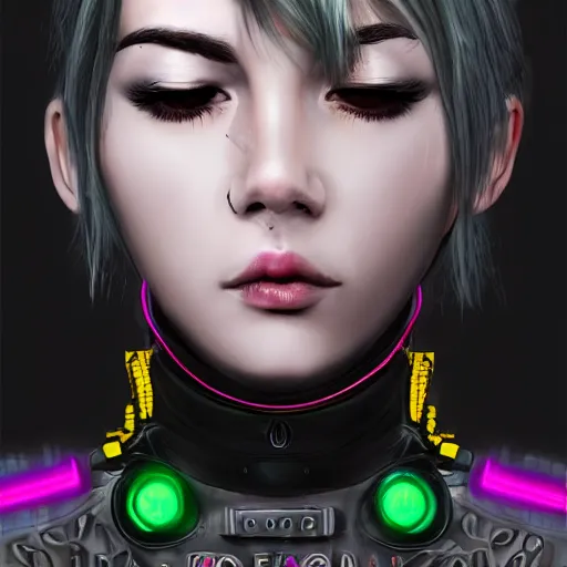 Image similar to detailed realistic female character cyberpunk wearing thick technological collar around neck, realistic, art, beautiful, 4K, collar, choker, collar around neck, punk, artstation, detailed, female, woman, choker, cyberpunk, neon, punk, collar, choker, collar around neck, thick collar, tight around neck, punk,