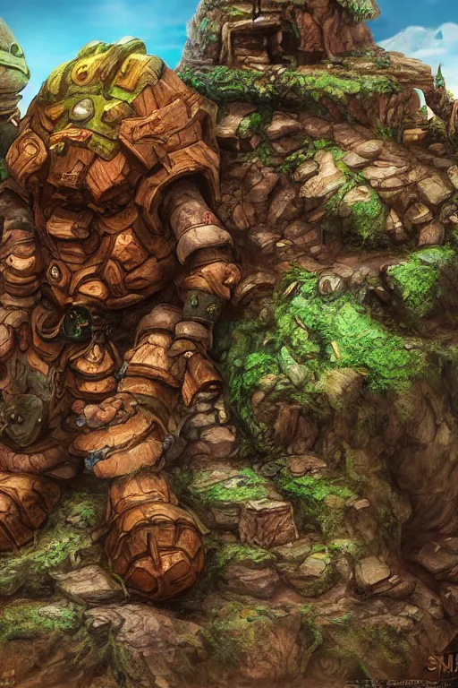 Image similar to zelda fantasy art giant golem troll wood rock greeble gemstone, global illumination ray tracing hdr fanart arstation by sung choi and eric pfeiffer and gabriel garza and casper konefal